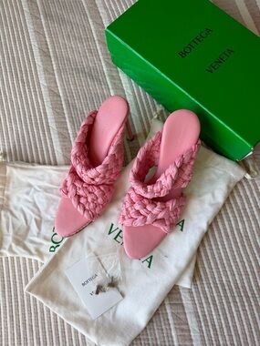 Bottega Veneta Pink Braided Leather Knot Slide Mules